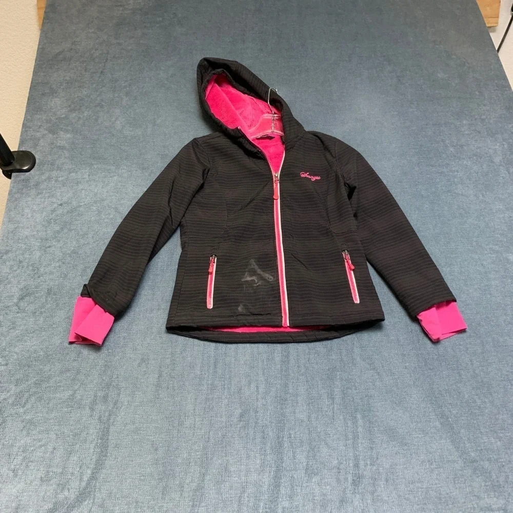 Snozu Softshell Jacket Girls S 7-8 Black Pink Sherpa Lined Hooded Thumb Holes